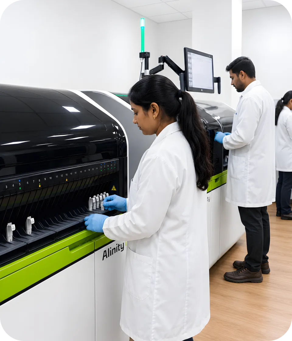Technician operating a Vitros automated analyser